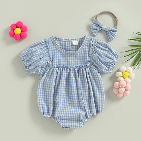 Infant Baby Girl Summer Outfit Plaid Romper Boho Short Sleeve Ruffle Bodysuit with Headband Clothes in Kuwait