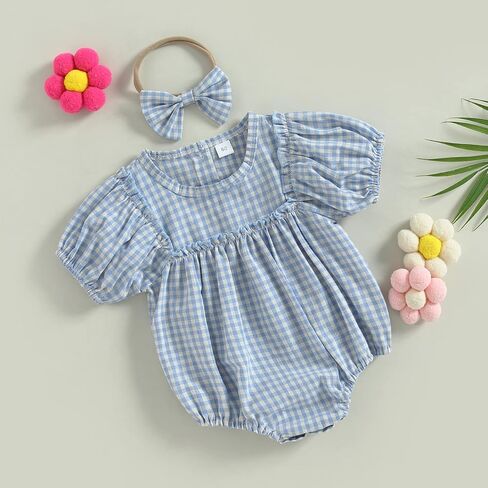 Infant Baby Girl Summer Outfit Plaid Romper Boho Short Sleeve Ruffle Bodysuit with Headband Clothes in Kuwait