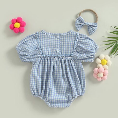 Infant Baby Girl Summer Outfit Plaid Romper Boho Short Sleeve Ruffle Bodysuit with Headband Clothes in Kuwait