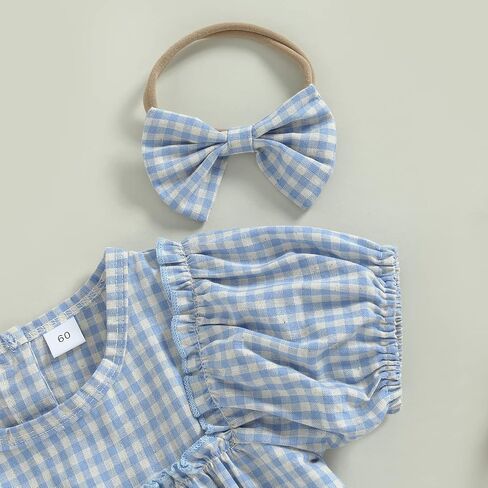 Infant Baby Girl Summer Outfit Plaid Romper Boho Short Sleeve Ruffle Bodysuit with Headband Clothes in Kuwait