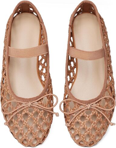 AMINUGAL Raffia Ballet Flats Shoes for Women Dressy Comfortable Woven Straw Women's Flats with Elastic Strap Mesh Flats Bows Raffia Mary Jane Flats Women Ballerina Flats for Women in Saudi Arabia
