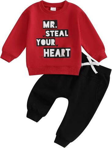 Toddler Baby Boy Valentines Day Outfits Letter Print Sweatshirt + Pants Valentine's Day Spring Fall Winter Clothes in Kuwait