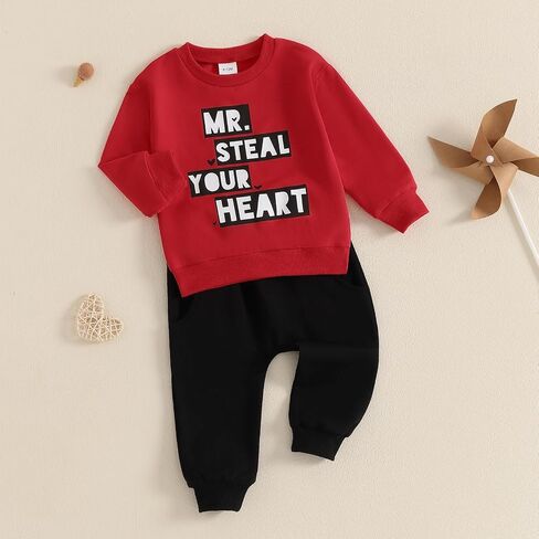 Toddler Baby Boy Valentines Day Outfits Letter Print Sweatshirt + Pants Valentine's Day Spring Fall Winter Clothes in Kuwait