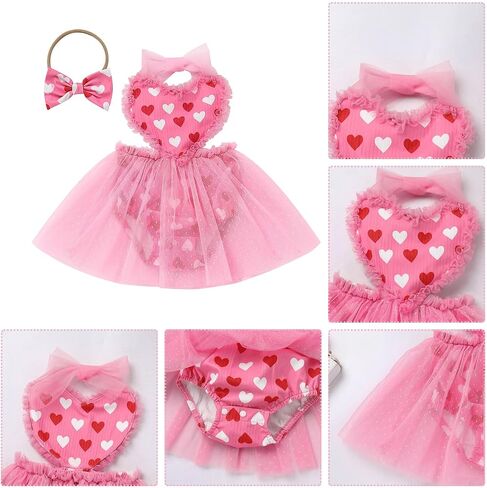 IMEKIS Newborn Baby Girl 1st Birthday Outfit Strawberry Pink Heart Valentines Day Dress Romper Headband Photo Shoot in Kuwait