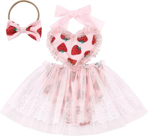IMEKIS Newborn Baby Girl 1st Birthday Outfit Strawberry Pink Heart Valentines Day Dress Romper Headband Photo Shoot in Kuwait