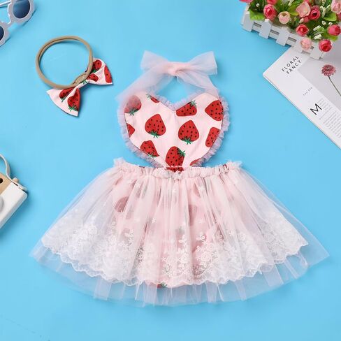 IMEKIS Newborn Baby Girl 1st Birthday Outfit Strawberry Pink Heart Valentines Day Dress Romper Headband Photo Shoot in Kuwait