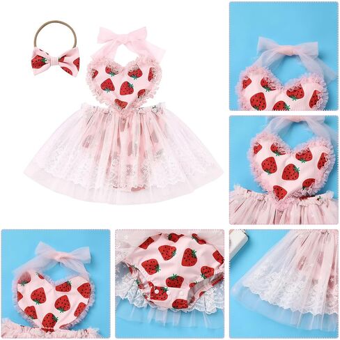 IMEKIS Newborn Baby Girl 1st Birthday Outfit Strawberry Pink Heart Valentines Day Dress Romper Headband Photo Shoot in Kuwait