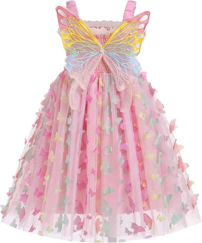 OBEEII Kids Girls Sleeveless Smocked 3D Butterfly Wing Tulle Tutu Dress A-line Sundress Princess Fancy Birthday Party Dress in Saudi Arabia