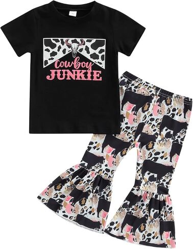 2Pcs Toddler Baby Girl Clothes Letter Print Short Sleeve T-Shirt Top Bell-Bottom Pants Western Cowgirl Outfit Set in Kuwait