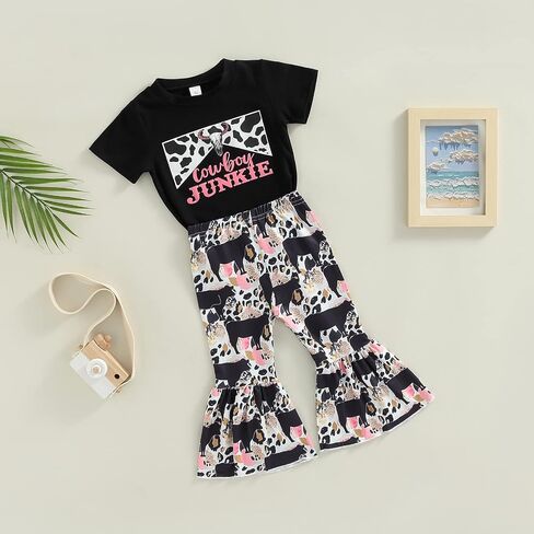 2Pcs Toddler Baby Girl Clothes Letter Print Short Sleeve T-Shirt Top Bell-Bottom Pants Western Cowgirl Outfit Set in Kuwait