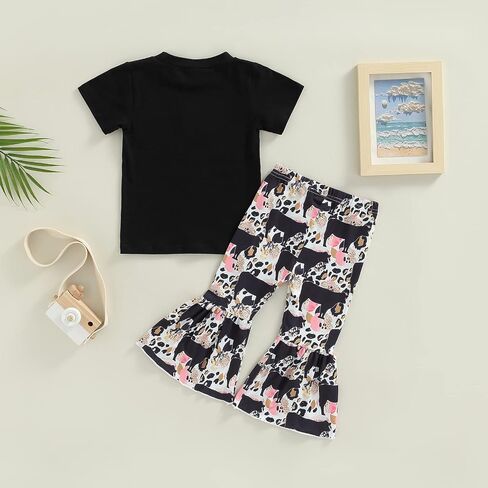 2Pcs Toddler Baby Girl Clothes Letter Print Short Sleeve T-Shirt Top Bell-Bottom Pants Western Cowgirl Outfit Set in Kuwait