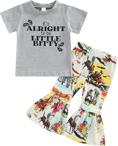 2Pcs Toddler Baby Girl Clothes Letter Print Short Sleeve T-Shirt Top Bell-Bottom Pants Western Cowgirl Outfit Set in Kuwait