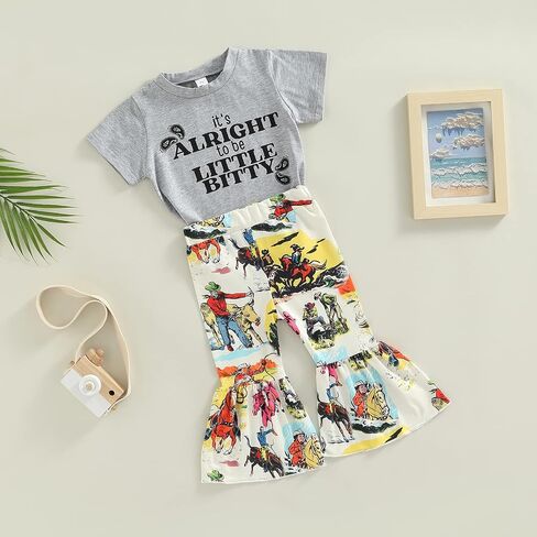 2Pcs Toddler Baby Girl Clothes Letter Print Short Sleeve T-Shirt Top Bell-Bottom Pants Western Cowgirl Outfit Set in Kuwait