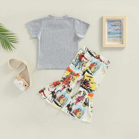 2Pcs Toddler Baby Girl Clothes Letter Print Short Sleeve T-Shirt Top Bell-Bottom Pants Western Cowgirl Outfit Set in Kuwait