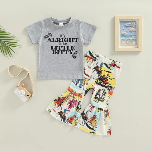 2Pcs Toddler Baby Girl Clothes Letter Print Short Sleeve T-Shirt Top Bell-Bottom Pants Western Cowgirl Outfit Set in Kuwait
