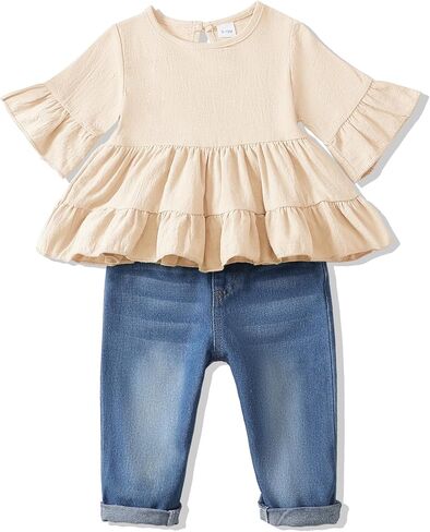 Mioglrie Toddler Girl Clothes Denims Outfits Ruffle Shirt Jeans Pants Set Toddler Baby Clothes for Girl in Saudi Arabia