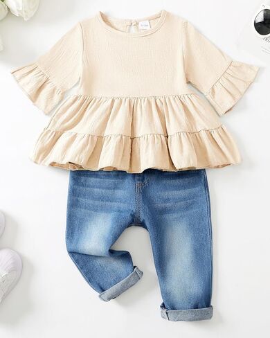 Mioglrie Toddler Girl Clothes Denims Outfits Ruffle Shirt Jeans Pants Set Toddler Baby Clothes for Girl in Saudi Arabia