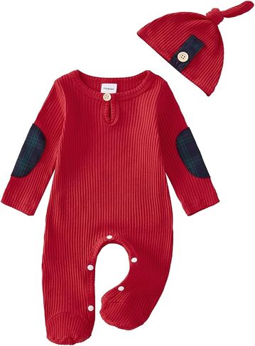 Baby Boys Girls Footies Oneisex Justborn Newborn Rebbed Romper Button Button Hat 2pcs مجموعة ملابس الأطفال in Kuwait
