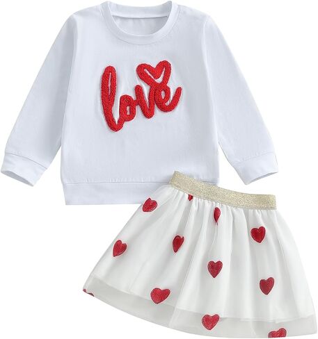 Emmababy Toddler Girl Valentines Skirt Skirt مجموعة لؤلؤة كشكش قميص قميص طويل الأكمام تنورة طباعة الأطفال in Kuwait