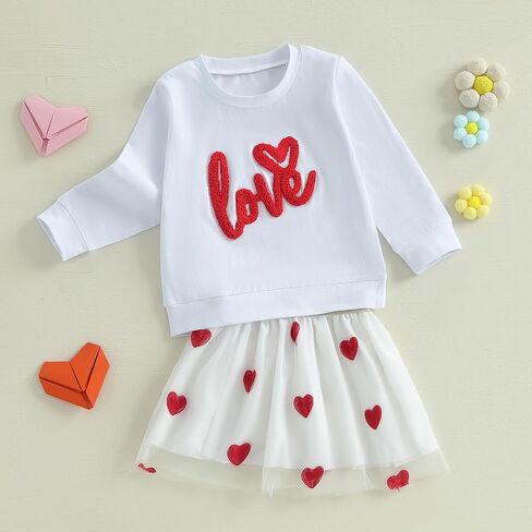 Emmababy Toddler Girl Valentines Skirt Skirt مجموعة لؤلؤة كشكش قميص قميص طويل الأكمام تنورة طباعة الأطفال in Kuwait