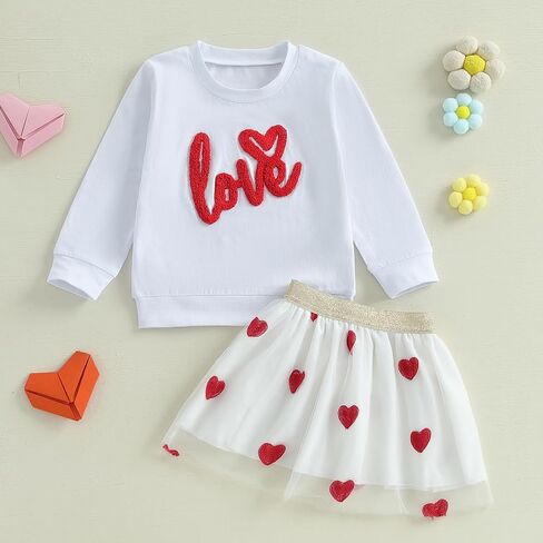 Emmababy Toddler Girl Valentines Skirt Skirt مجموعة لؤلؤة كشكش قميص قميص طويل الأكمام تنورة طباعة الأطفال in Kuwait