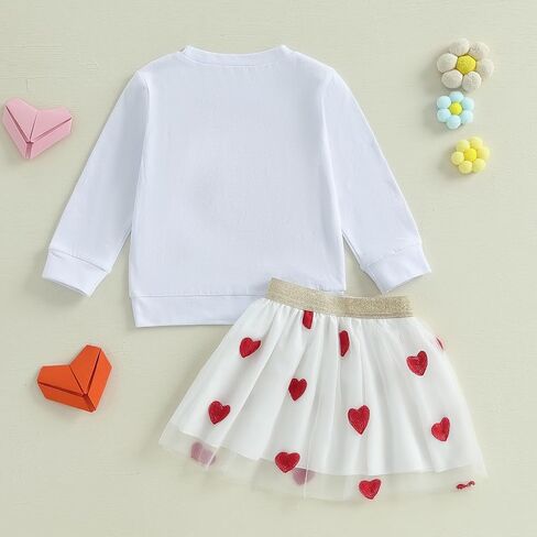 Emmababy Toddler Girl Valentines Skirt Skirt مجموعة لؤلؤة كشكش قميص قميص طويل الأكمام تنورة طباعة الأطفال in Kuwait