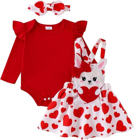 Newborn Baby Girl Valentines Outfit Long Sleeve Romper Easter Bodysuit Suspender Skirt Cute St Patricks Day Outfit in Kuwait