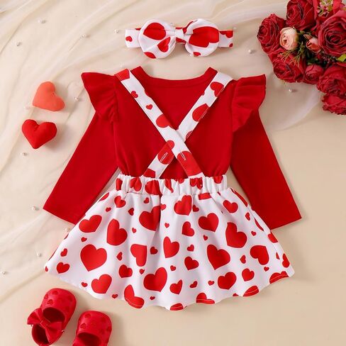 Newborn Baby Girl Valentines Outfit Long Sleeve Romper Easter Bodysuit Suspender Skirt Cute St Patricks Day Outfit in Kuwait