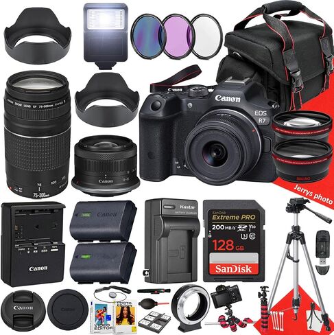 الكاميرا Canon EOS R7 بدون مرآة مع 18-45 مم وعدسة 75-300 مم + 128 جيجابايت ذاكرة + غطاء محرك السيارة + شاحن السفر الاحتياطي + مرشحات + ترايبود + المزيد (حزمة 33pc) (متجددة) ، أسود in Saudi Arabia