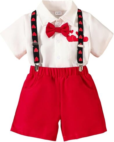Toddler Baby Boy Valentines Day Outfit Boy Short Sleeve Love Heart Tops Bowtie Button Down Shirt Suspender Shorts Set in Saudi Arabia