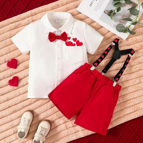 Toddler Baby Boy Valentines Day Outfit Boy Short Sleeve Love Heart Tops Bowtie Button Down Shirt Suspender Shorts Set in Saudi Arabia