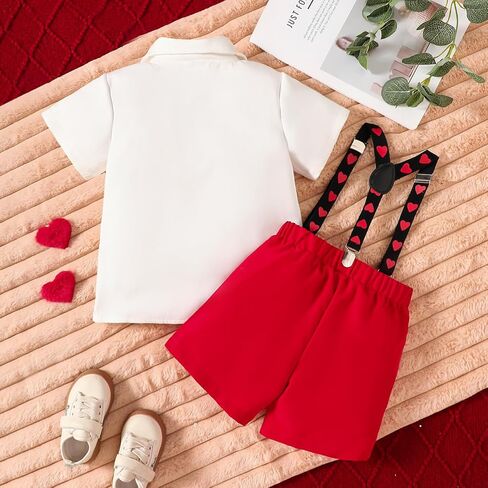 Toddler Baby Boy Valentines Day Outfit Boy Short Sleeve Love Heart Tops Bowtie Button Down Shirt Suspender Shorts Set in Saudi Arabia