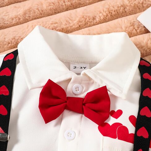 Toddler Baby Boy Valentines Day Outfit Boy Short Sleeve Love Heart Tops Bowtie Button Down Shirt Suspender Shorts Set in Saudi Arabia