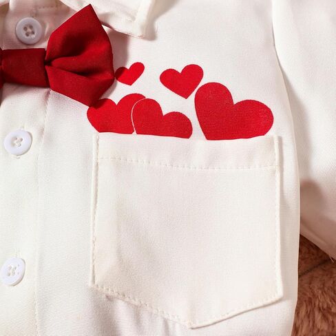 Toddler Baby Boy Valentines Day Outfit Boy Short Sleeve Love Heart Tops Bowtie Button Down Shirt Suspender Shorts Set in Saudi Arabia
