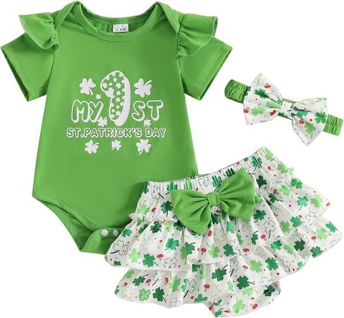 My First St Patricks Day Baby Girl Outfit Newborn Short Sleeve Romper Onesie Clover Shorts Summer Clothes Set in Saudi Arabia