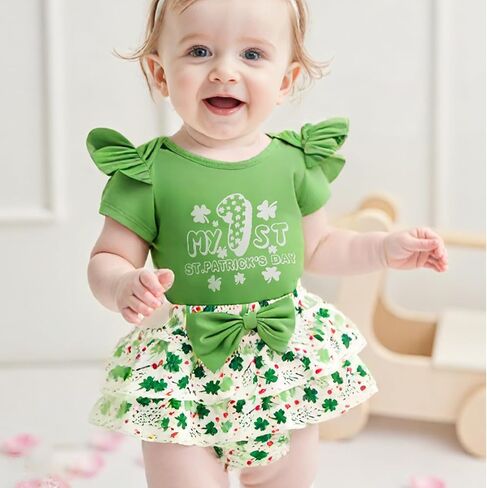 My First St Patricks Day Baby Girl Outfit Newborn Short Sleeve Romper Onesie Clover Shorts Summer Clothes Set in Saudi Arabia