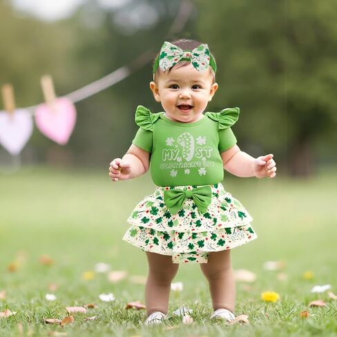 My First St Patricks Day Baby Girl Outfit Newborn Short Sleeve Romper Onesie Clover Shorts Summer Clothes Set in Saudi Arabia