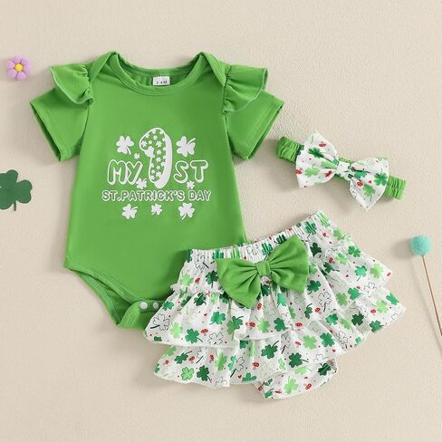 My First St Patricks Day Baby Girl Outfit Newborn Short Sleeve Romper Onesie Clover Shorts Summer Clothes Set in Saudi Arabia