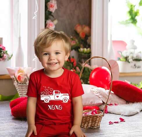 Toddler Boys Girls Valentine's Day T-Shirt Love Heart Truck Dinosaur Shirt Cotton Kids Tee Tops 2-7 Years in Saudi Arabia