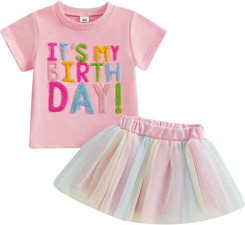 Baby Girl Birthday Outfit Embroidery Birthday Girl Shorts Sleeve Shirts and Tutu Skirts Set Baby Girl Birthday Outfit in Saudi Arabia