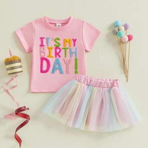 Baby Girl Birthday Outfit Embroidery Birthday Girl Shorts Sleeve Shirts and Tutu Skirts Set Baby Girl Birthday Outfit in Saudi Arabia