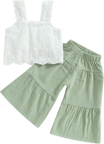 VISGOGO Toddler Baby Girls Summer Outfit Sleeveless Lace Embroidery Clothes Toddler Kids Tank Tops Bell-bottom Pants Set in Saudi Arabia