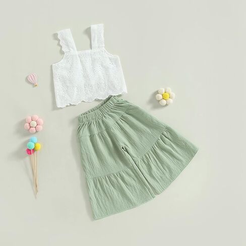 VISGOGO Toddler Baby Girls Summer Outfit Sleeveless Lace Embroidery Clothes Toddler Kids Tank Tops Bell-bottom Pants Set in Saudi Arabia