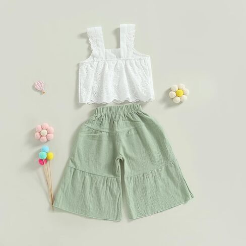 VISGOGO Toddler Baby Girls Summer Outfit Sleeveless Lace Embroidery Clothes Toddler Kids Tank Tops Bell-bottom Pants Set in Saudi Arabia