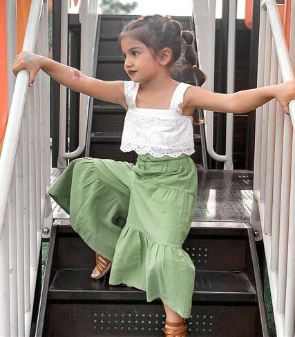 VISGOGO Toddler Baby Girls Summer Outfit Sleeveless Lace Embroidery Clothes Toddler Kids Tank Tops Bell-bottom Pants Set in Saudi Arabia