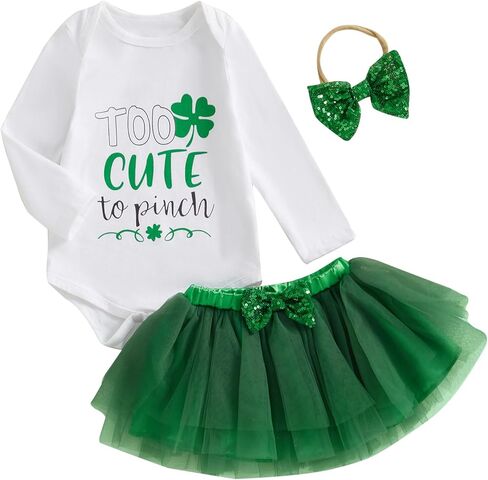 Infant Baby Girl St Patricks Day Outfit Long Sleeve Clover Romper + Lace Tutu Skirt + Bow Baby Girl Green Outfit in Saudi Arabia