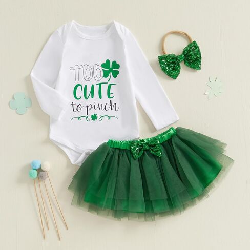 Infant Baby Girl St Patricks Day Outfit Long Sleeve Clover Romper + Lace Tutu Skirt + Bow Baby Girl Green Outfit in Saudi Arabia