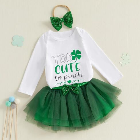 Infant Baby Girl St Patricks Day Outfit Long Sleeve Clover Romper + Lace Tutu Skirt + Bow Baby Girl Green Outfit in Saudi Arabia