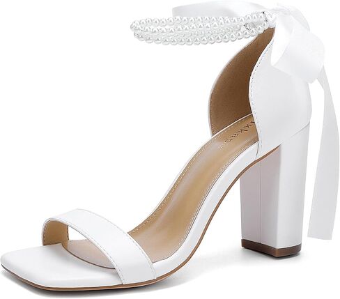 Lace Up Bow Heels for Bride Pearl Embellished Block Wedding Shoes for Bride White Heels with Bows On Back in Kuwait