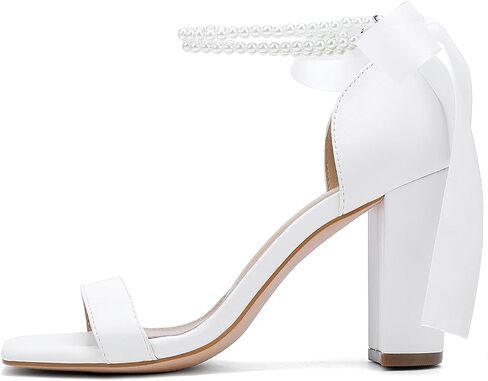Lace Up Bow Heels for Bride Pearl Embellished Block Wedding Shoes for Bride White Heels with Bows On Back in Kuwait